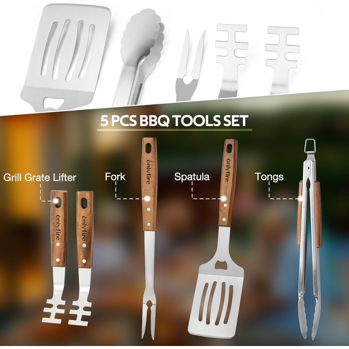 Набір гриль-посуду Onlyfire 4-TLG: щипці, лопатка, виделка, щітка з довгою ручкою з акації та нержавіючої сталі