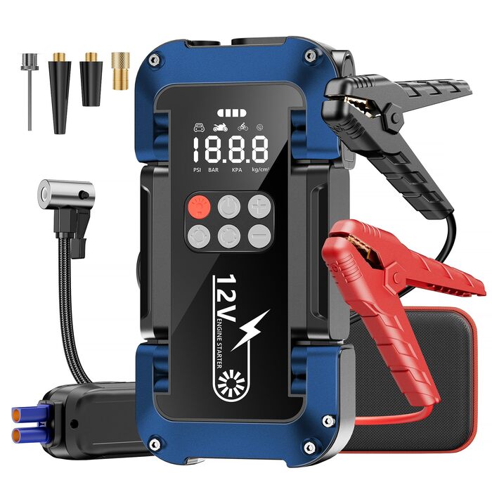 Портативний пусковий пристрій Starthilfe Powerbank з компресором 150PSI, 4000A, 12V для автомобілів та 8.0L дизель, 26800mAh, 4-в-1 з LED-ліхтариком та LCD дисплеєм