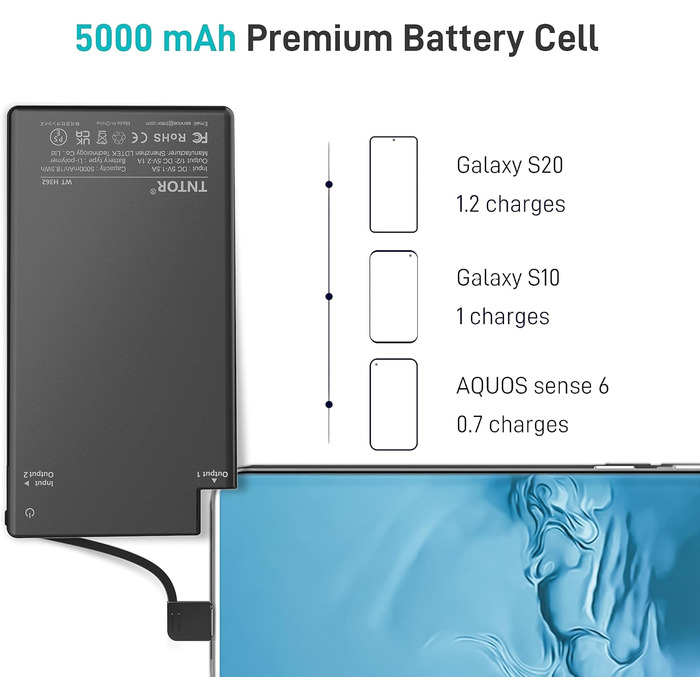 Ультратонкий блок живлення TNTOR 5000mAh з кабелем, 6 мм, металевий, міні, чорний (USB-C)