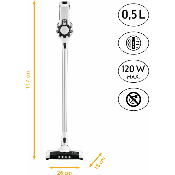Бездротовий ручний пилосос TZS First Austria Світлодіодне освітлення До 40 хвилин автономної роботи Фільтр HEPA 2-в-1 Настінна зарядна станція Контейнер для пилу 0,5 л білий/сірий