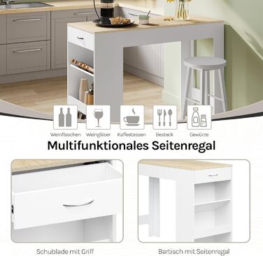 Стіл-бар WOLTU з шухлядою та полицями, вітрина для вина, кухонний стіл для бару, кухні, вітальні, їдальні (90 x 50 x 120 см, білий + світлий дуб)