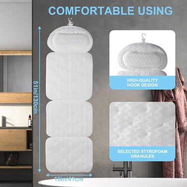 Подушка для ванни з піни memory foam, біла, з присосками, для шиї та спини, 4D вентиляція, 6 присосок (довга, квадратна)