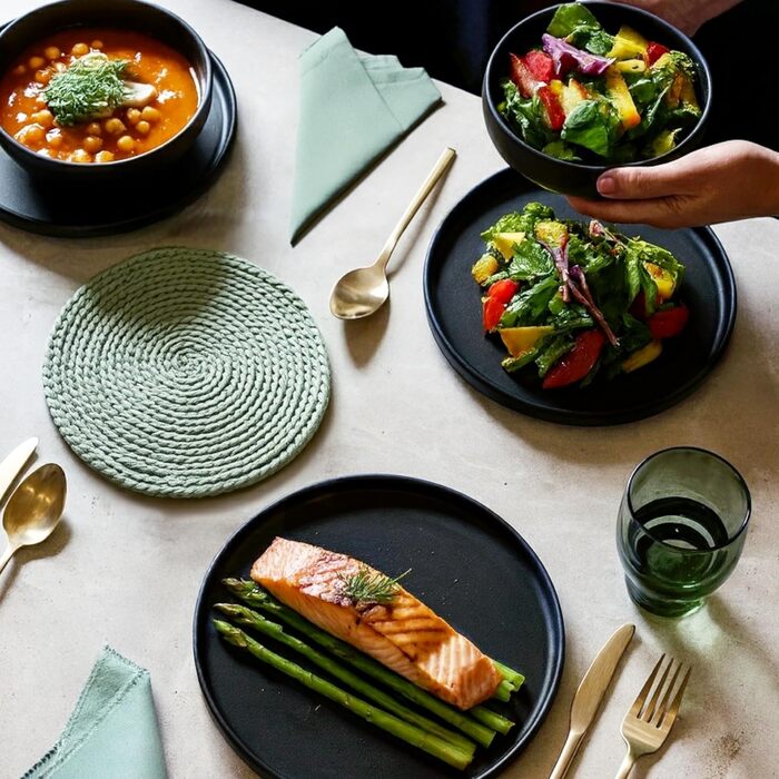 Набір посуду Twinzee Ebony Collection 24 частини: чорні тарілки та чашки з кераміки (стеінгуту) для 6 осіб