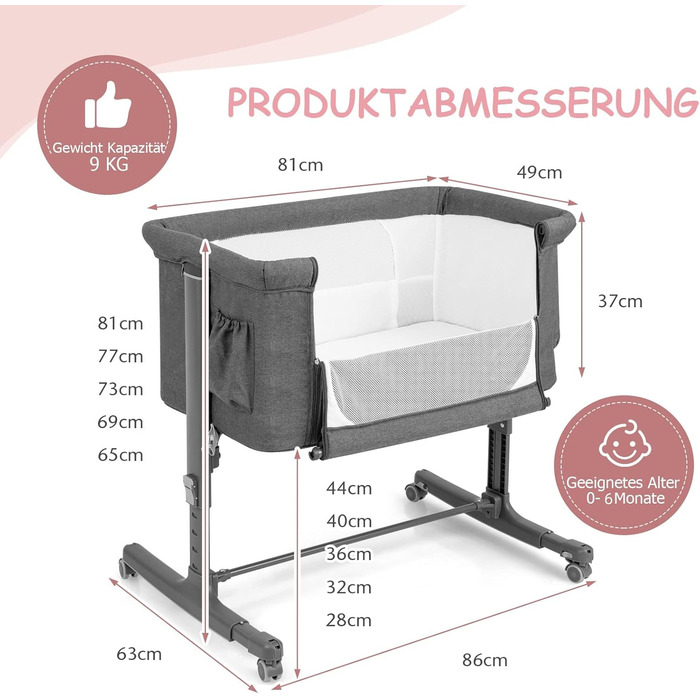 Двофункціональне ліжко-приліжкова стільниця Dreamade 2 в 1 з регулюванням висоти, з матрацом та колесами, 86 x 63 см, для новонароджених до 9 кг, з нахилом 10°, сірий колір