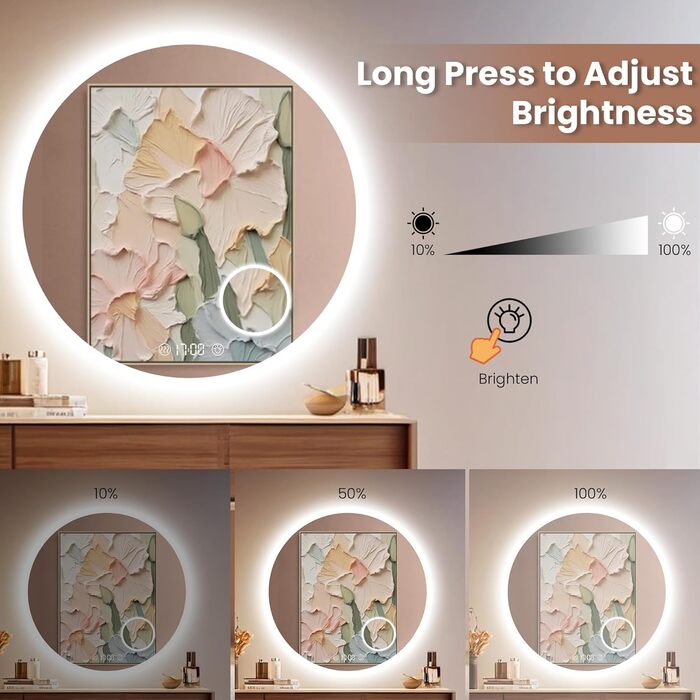 Дзеркало для ванної кімнати Habison з підсвічуванням 70x70 см, LED, з годинником та сенсорним вимикачем, регулювання яскравості, тепле/холодне/нейтральне світло, антизапотівання, 3-кратне збільшення