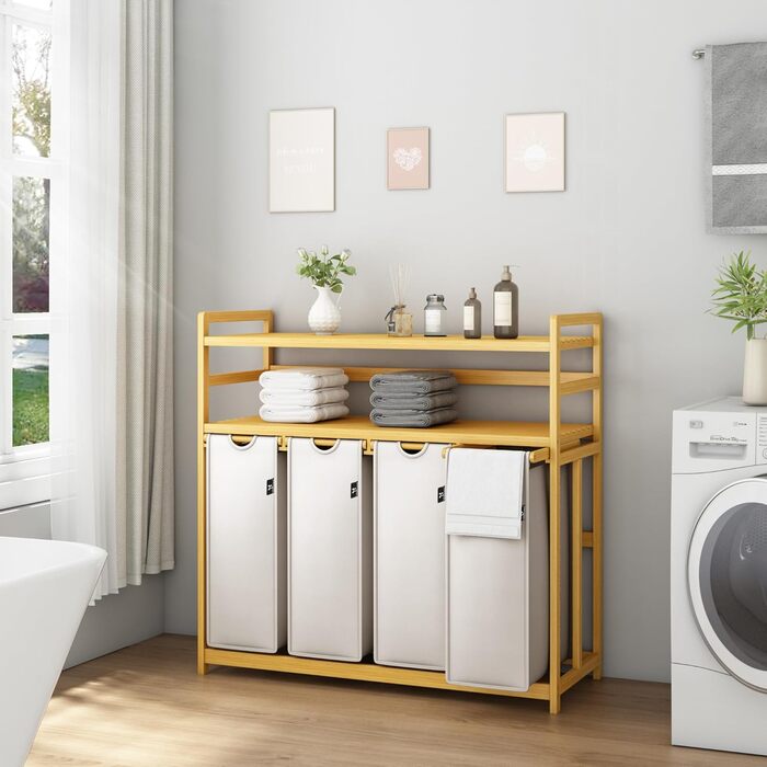 Кошик для білизни AdelDream Premium 200L з 4 відділеннями, бамбуковий каркас, знімний мішок, бежевий колір. Органайзер для білизни у ванну кімнату та спальню