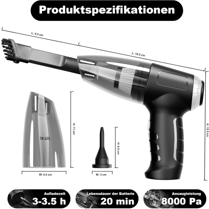 Ручний пилосос з акумулятором 8000PA, портативний акумуляторний пилосос для автомобілів, підходить для прибирання автомобілів, будинку, домашніх тварин і обмеженого простору