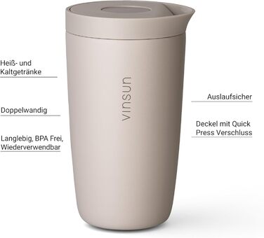 Термокружка VINSUN для кави з собою 350 мл, з подвійними стінками, з нержавіючої сталі, з герметичним клапаном, для гарячих та холодних напоїв, для автомобіля, університету, бежевий колір
