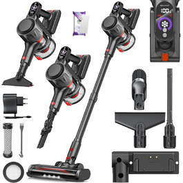 Бездротовий акумуляторний пилосос KESSER® з LED дисплеєм та аромакапсулою | Бездротовий пилосос без мішка з антизаплутаною насадкою, HEPA-фільтром, час роботи до 60 хвилин, для твердих поверхонь та килимів, чорний/червоний