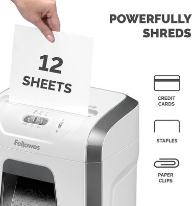 Fellowes FS-12C: Шредер для офісу та дому - 12 листів, перехресний різання, 19л контейнер, 20 хв роботи