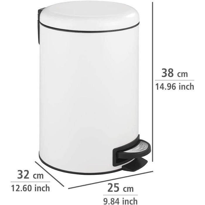 Кухонний сміттєвий бак WENKO Leman, iter, великий сміттєвий бак з автоматичним опусканням, функцією педалювання і знімною вставкою, виготовлений з пофарбованої сталі, 30, 5 х 44 х 37, 5 см, матовий (12 л, білий)
