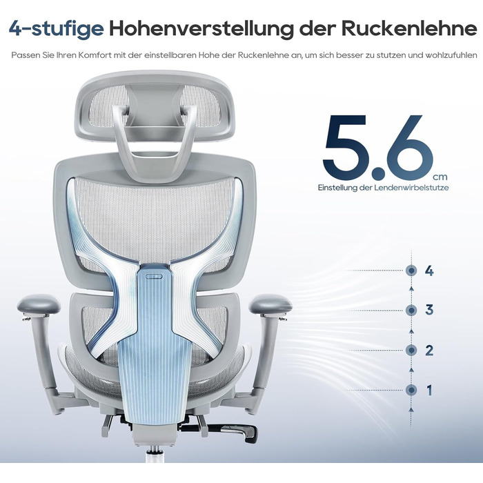 Органічний офісний крісло Colamy з підніжкою, 3D-підлокітниками, підголовником, підтримкою попереку та дихаючою сіткою – крісло для офісу та дому (Сірий)