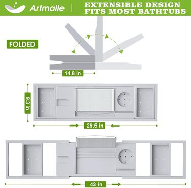 Підставка для ванни Artmalle, складана бамбукова підставка для ванни з тримачем для книги та келиха, безкоштовна мильниця, для розслаблення та читання, натуральний бамбук (сірий, складна)