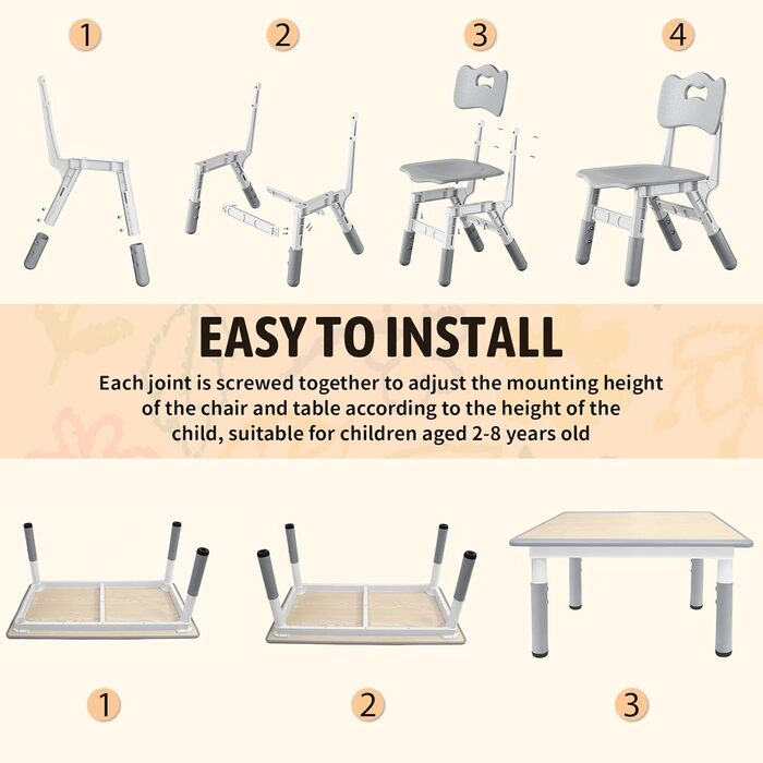 Дитячий стіл зі стільцями, дитяча група сидіння, регульована по висоті з HDPE та ABS, багатофункціональний дитячий стіл для дітей від 2 до 10 років, ергономічний набір столу та стільця для дитячої кімнати, 60*60 см, сірий