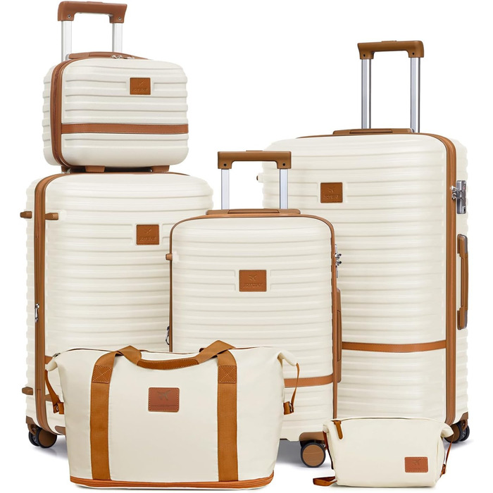Набір дорожніх валіз Joyway 6 предметів, жорстка оболонка, з косметичкою, 4 колесами та TSA-замком, білий/коричневий