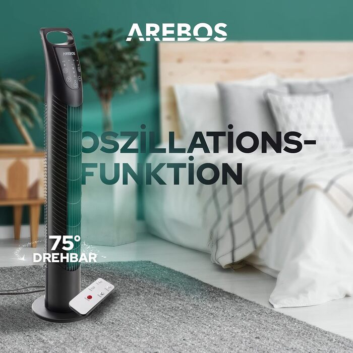 Баштовий вентилятор Arebos з пультом дистанційного керування та таймером 40 Вт Коливання 75 Вентилятор з 3 режимами швидкості та режимом сну Чорний