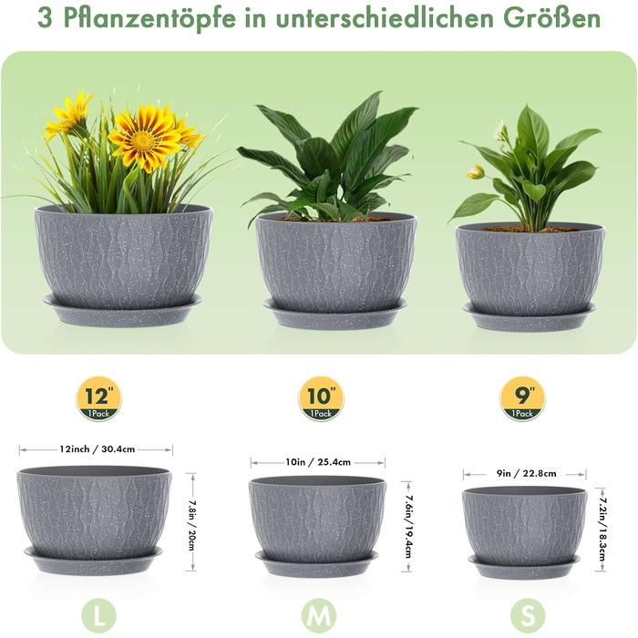 Набір горщиків для квітів з системою поливу (3 шт.), 20.3/17.8/15.2 см, сірий з білими крапками, для дому та балкона