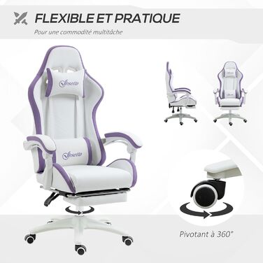 Крісло ігрове Vinsetto Ergonomic з регульованою підніжкою, спинкою 135°, підголівником та поперековою підтримкою, офісне, 360° обертання, PU, біле