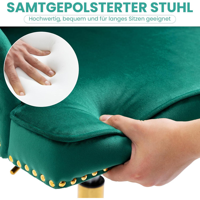 Крісло офісне Fiximaster з велюру, поворотне, з регулюванням висоти, золоті ніжки, для офісу, спальні, туалетного столика, до 135 кг (Зелений)