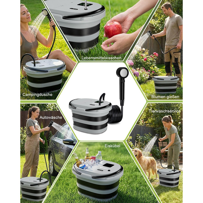 Campingdushe з насосом 20л, портативний душ з акумулятором 13000mAh, LED-індикатор, 5 режимів, для кемпінгу, подорожей, миття тварин