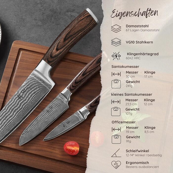 Набір кухонних ножів Wakoli EDIB з магнітним блоком | 3 ножі з дамаської сталі (8,5-17см) з VG10-сердечником, дерев'яні ручки, для овочів та м'яса