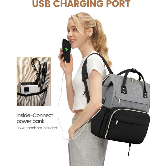 Рюкзак для ноутбука LOVEVOOK для жінок, великий шкільний рюкзак для підлітків, рюкзак ручної поклажі, водонепроникний дизайн, дихаючі плечові лямки, для університету, школи та подорожей, бежево-сірий (17 дюймів, сірий / чорний)