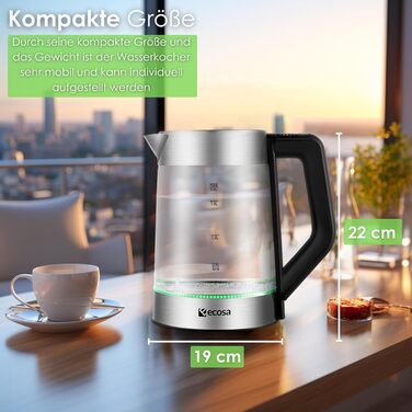 Електричний чайник-заварник зі скла та нержавіючої сталі, 1.7 л, 2200 Вт, з регулюванням температури, з підсвічуванням, BPA Free