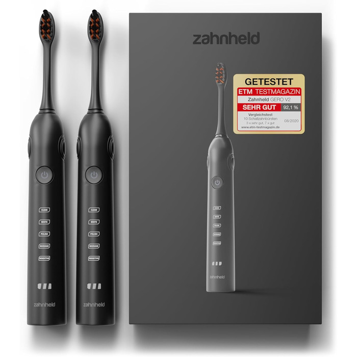 Електрична звукова зубна щітка Zahnheld® Gero G2 з чохлом для подорожей та насадкою | 5 режимів чищення, тривалий час роботи акумулятора, білий | 1x білий, 2x чорний