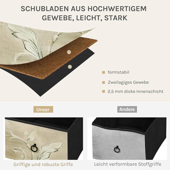 Комод WOLTU з 5 висувними ящиками з тканини, шафа-комод, тумбочка під ТБ, для вітальні, спальні, коридору, з металевим каркасом, ДСП, білий, SSK005ws. Білий (Рустикальний коричневий + чорний + вінтажний квітковий принт, 5 тканинних ящиків)