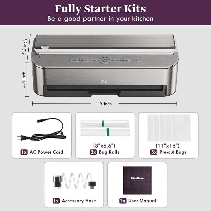 Вакууматор Mesliese 85kPa 120W для продуктів, автоматична машина для вакуумного пакування з вбудованим різаком та відсіком для пакетів, сталь, 2 рулони в комплекті