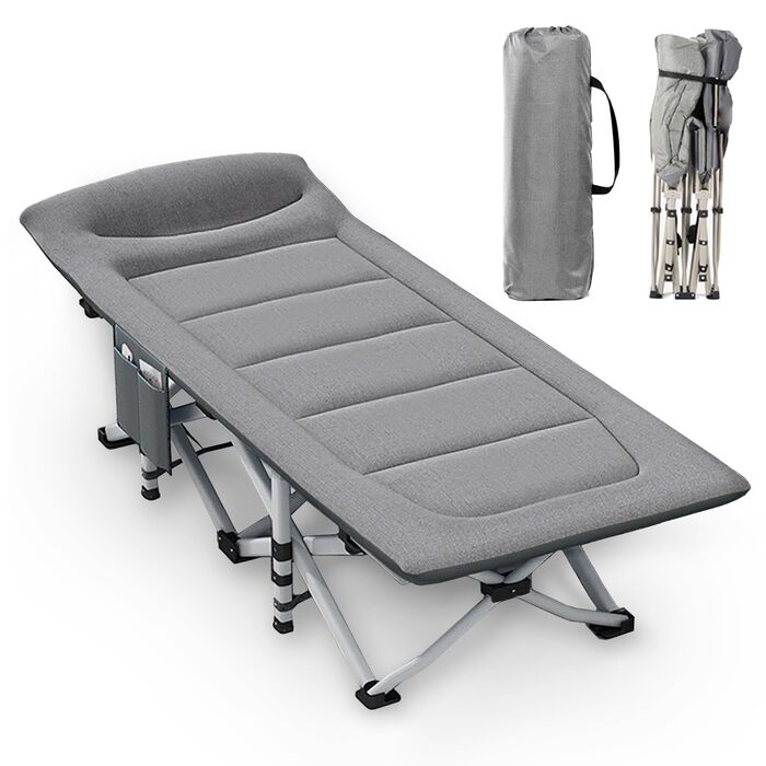 Розкладне кемпінгове ліжко CALIYO з матрацом, 200x80x40 см, витримує до 200 кг, сталевий каркас, тканина Оксфорд, сіре (з сумкою для зберігання)