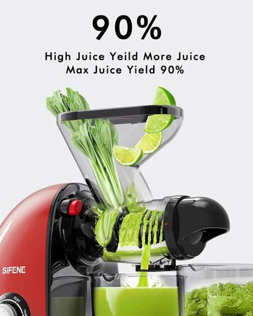 Соковижималка SiFENE Slow Juicer - подвійний калібр, без засмічення, функція реверсу антиблокування, дрібне подрібнення без фільтра, електрична соковижималка, зі щіткою та 2 чашками (червона)