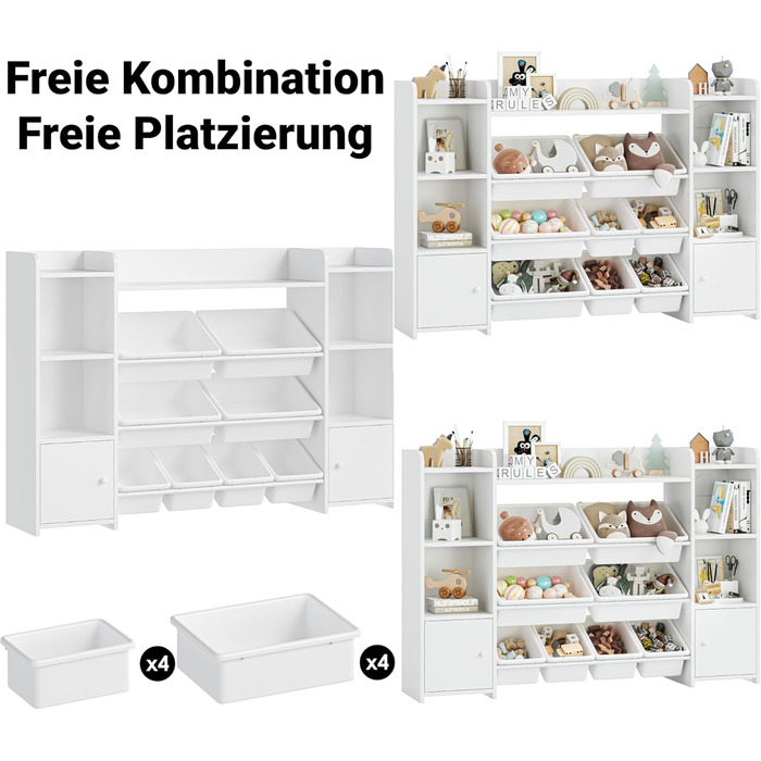 FOREHILL Дитяча полиця з 8 ящиками, дитячий шафчик, полиця для книг для дітей, органайзер для зберігання в дитячій кімнаті, меблі з іграшковою коробкою, 138,8 x 94,3 x 29,6 см, білий