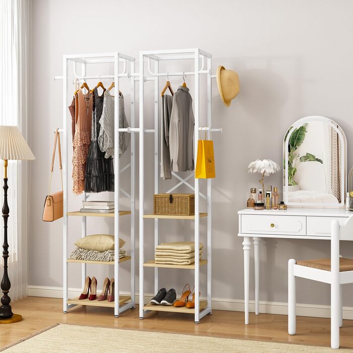 Підставка для одягу IBUYKE, вільного стояння, з 3 полицями та 8 гачками, індустріальний дизайн, для передпокою, коридору, спальні, 180 x 40 x 30 см, колір: натуральний та білий
