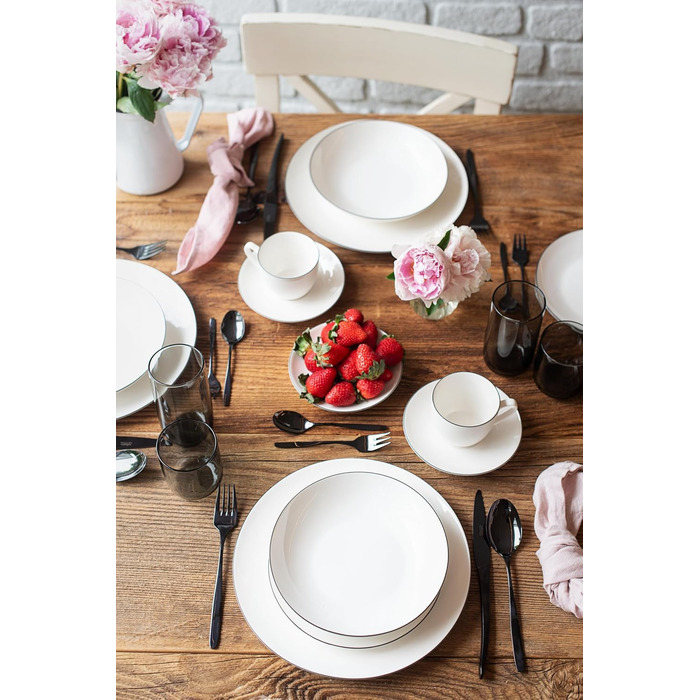 Серія MÄSER Felise: елегантний кавовий сервіз на 6 осіб, з чорним обідком, порцеляна, білий (Тарілька)