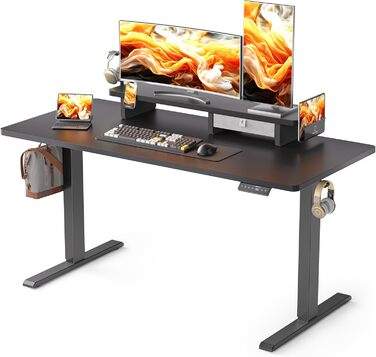 Електричний стіл-трансформер WALKINGDESK з шухлядою та підставкою для монітора, регульований письмовий стіл 140x61 см для домашнього офісу, ергономічний стіл для роботи стоячи та сидячи, чорний, з тримачем для телефону та 3 гачками