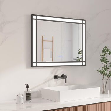 Дзеркало для ванної кімнати AQUABATOS LED з підсвічуванням 50x70 см, імітація вікна, сенсорне регулювання, регулювання яскравості, холодний білий, протизапотівання, чорний алюмінієвий каркас, декор у індустріальному стилі