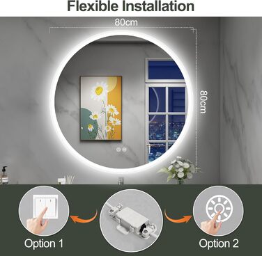 Дзеркало для ванної кімнати S'bagno Runder з підсвічуванням 60 см, з підсвічуванням та протитуманним ефектом, 3000K/4000K/6500K, регульована яскравість, HD-загартоване скло, функція пам'яті, водонепроникний LED-дзеркало для ванної кімнати IP44 (M11 (без B