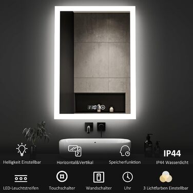 Дзеркало для ванної кімнати з підсвічуванням та годинником 50x70 см. LED дзеркало з сенсорним керуванням, 3 кольори світла, регулювання яскравості, 2470LM, стиль JB