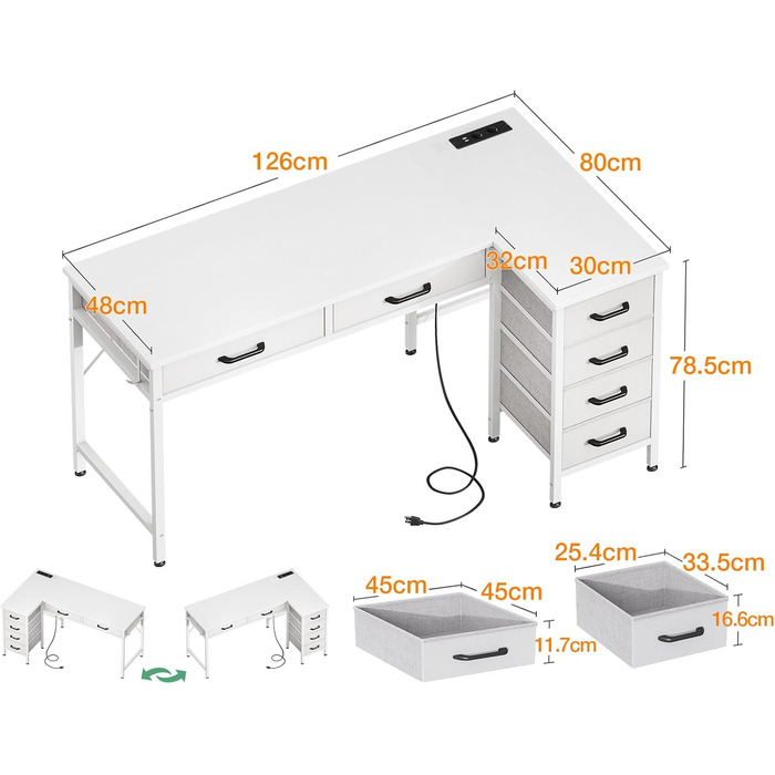 Комп'ютерний стіл Coleshome L-подібний з 6 шухлядами, білий, 126x80 см