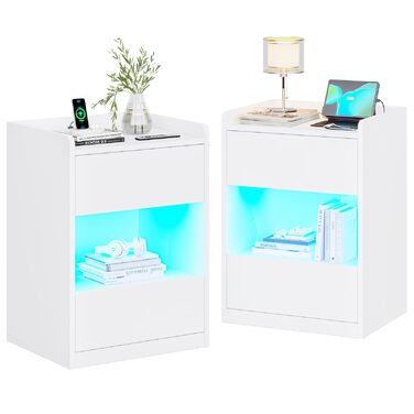 Нічний столик AOGLLATI з LED-підсвічуванням та зарядкою, 2 шухляди та полиця, білий (40x35x60 см)