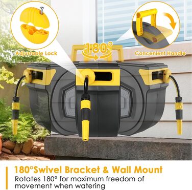 Шланговий барабан з шлангом для саду, настінний, поворотний на 180°, автоматичне змотування, бокс для шланга з ручною лійкою, 9 функцій, для поливу та миття авто (чорно-жовтий, 20 м)