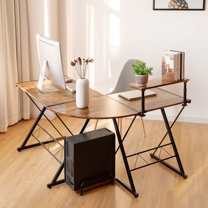 Подібний дерев'яний комп'ютерний стіл COSTWAY, кутовий стіл з підставкою для монітора та відділенням для зберігання, компактний стіл для офісу, кабінету, спальні, 147 x 112 x 79 см (сільський коричневий)