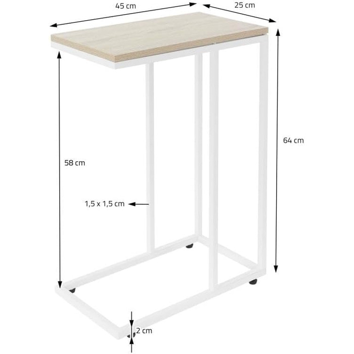 Журнальний столик С-подібної форми, дуб білий, 45x25x64 см, металевий каркас і дерев'яна стільниця, під диван, промисловий дизайн, журнальний столик, журнальний столик, журнальний столик, журнальний столик, приліжкова тумбочка, тумбочка для ноутбука