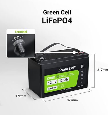 Акумуляторна батарея Green Cell LiFePO4 12 В, BMS, термін служби 10 років, для автофургону Караван Човен Сонячна батарея (125 Ач)