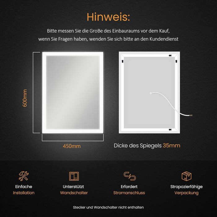 Дзеркало для ванної кімнати EMKE з підсвічуванням 120x60 см, антизапар, кнопка, тепле/холодне світло, IP44, енергозберігаюче