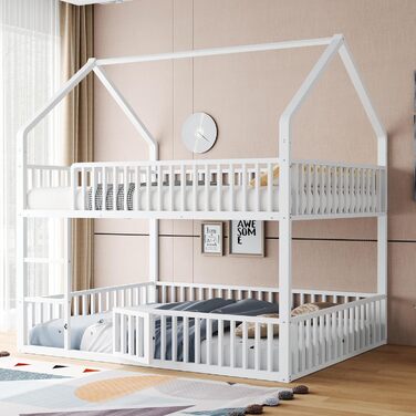 Двоярусне ліжко 140x200 для 2 дітей з лесенкою та бар'єром, металеве, з ламелями (біле)