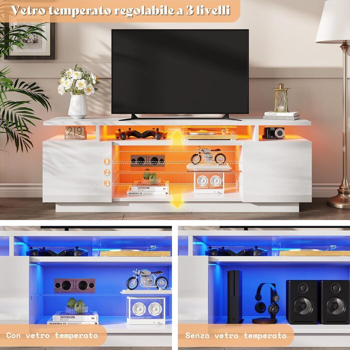 Тумба під TV Luxoak з LED підсвічуванням, білий глянцевий лак, 160x38.5x54.5 см. Підходить для телевізорів до 75 дюймів, з 2 дверцятами та регульованою скляною полицею. Для вітальні та спальні.