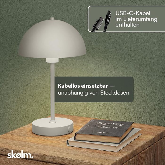 LED настільна лампа Skølm Aeriala: диммування, USB-C зарядка, тепле світло, до 10 годин роботи, метал, бежевий, енергоклас G