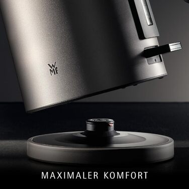 Електричний чайник WMF Lono Silk 1.6 л з нержавіючої сталі, з фільтром від накипу, бездротовий, з поворотним підставою, антижирове покриття, відкривання однією рукою, зовнішній індикатор рівня води